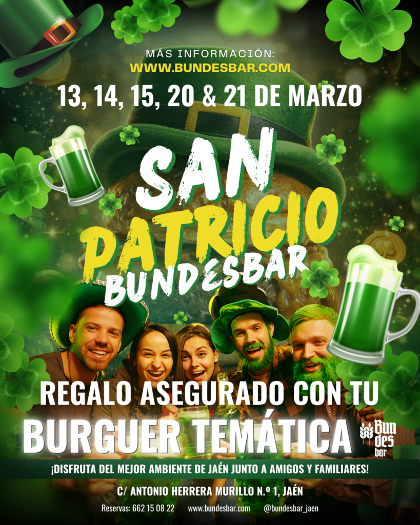 🍀 SAN PATRICIO ha llegado 🍀 Prepárate, porque se vienen dos fines de semana bien intensos 😎🍻 Y, para celebrarlo como se merece, estrenamos una Burger Temática de San Patricio: ⠀⠀ 🥩 Carne de buey madurada 🥓 Bacon ahumado 🧀 Queso ahumado 🤫 Salsa irlandesa secreta ⠀⠀ Y lo mejor… 🎁 Regalo asegurado si pides la burger temática durante cualquiera de los días del fin de semana (hasta agotar existencias). ⠀⠀ Dos fines de semana llenos de: 🍺 Birras bien frías 🏉 Rugby ⚽ Fútbol 🍔 Burgers brutales 🎉 Buen rollo con amigos ⠀⠀ San Patricio se vive en Bundesbar 🍀 📅 13, 14, 15, 20 y 21 de marzo ⠀⠀ 📍 C/ Antonio Herrera Murillo nº1 📞 Reserva ya: 662 15 08 22 ⠀⠀ #SanPatricio #SanPatricioJaen #Bundesbar #StPatricksDay #Jaen #BurgerEspecial #IrishPub #Cerveza #Rugby #Futbol #PlanEnJaen #FiestaEnJaen